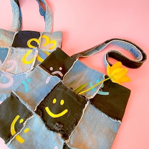 Hand-Painted Checkered Denim Tote Bag | Made from Recycled Materials