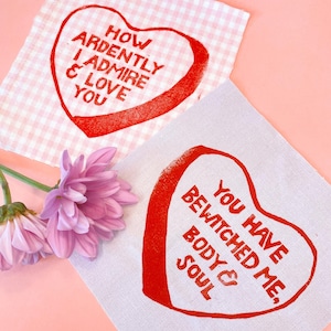 Hand Printed Pride & Prejudice Conversation Heart Patch | Sew-on Fabric Patch