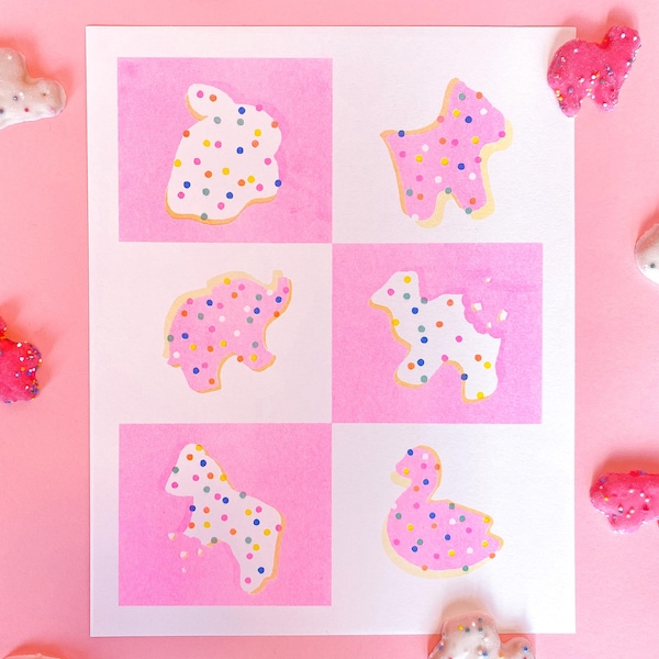Frosted Animal Cookies Risograph Print | Circus Animal Crackers 8x10 Wall Decor