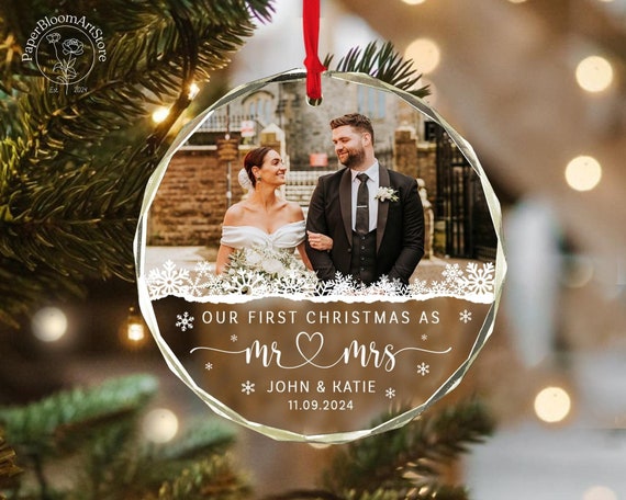 Engaged Ornament, Our First Christmas As Mr Mrs Photo Ornament, Custom Couple Photo Ornament, Married Keepsake, NewlyWed Gifts, Couple Gifts