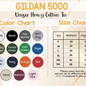 May include: Image of a Gildan 5000 Unisex Heavy Cotton Tee color and size chart. The color chart shows various colors, including white, black, and navy. The size chart lists sizes S to 3XL, with widths from 20 to 28 inches and lengths from 28 to 33 inches.