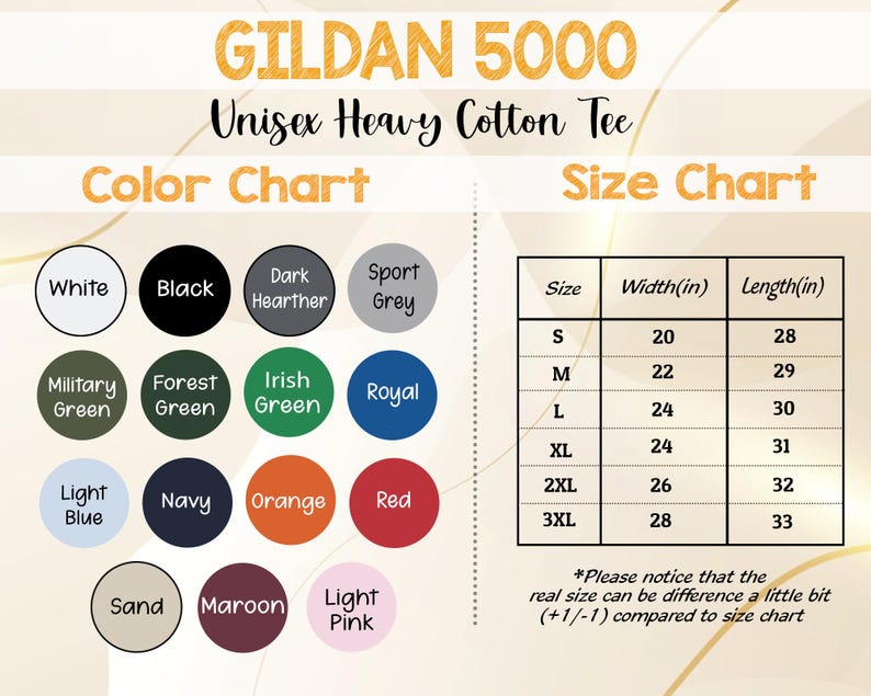 May include: Image of a Gildan 5000 Unisex Heavy Cotton Tee color and size chart. The color chart shows various colors, including white, black, and navy. The size chart lists sizes S to 3XL, with widths from 20 to 28 inches and lengths from 28 to 33 inches.
