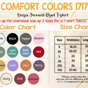 May include: A graphic featuring a color chart and size chart for a unisex garment-dyed t-shirt. The color chart displays various colors, including white, black, and red. The size chart lists sizes S to 3XL with width and length measurements in inches.