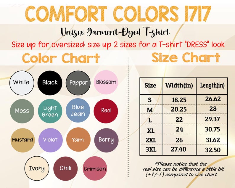 May include: A graphic featuring a color chart and size chart for a unisex garment-dyed t-shirt. The color chart displays various colors, including white, black, and red. The size chart lists sizes S to 3XL with width and length measurements in inches.