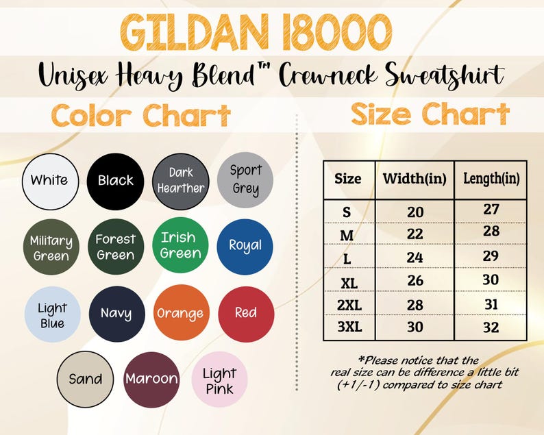 May include: A Gildan 18000 Unisex Heavy Blend crewneck sweatshirt color and size chart. The color chart shows options like white, black, navy, and red. The size chart lists sizes S to 3XL, with widths from 20 to 30 inches and lengths from 27 to 32 inches.