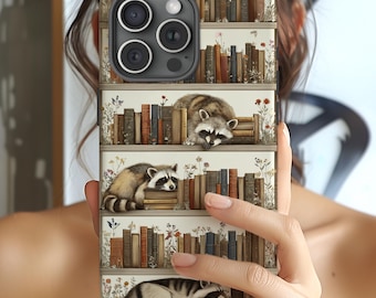 Literary Gift, Raccoon Phone Case, books phone case, Bookcase, Funny Raccoons Bookshelf, Case for Phone 17 16 15 14 Pro Max Samsung Galaxy