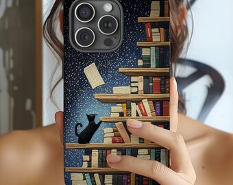 Funda bordada con diseño de gato para amantes de los libros, regalo literario para lectores, funda para teléfono con temática literaria, funda estética para iPhone, Samsung S24, S23 y Google.