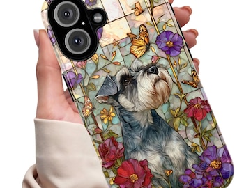 Schnauzer in Stained Glass Floral Phone Case | Butterfly Garden