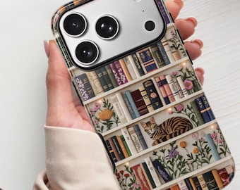 Funda para teléfono con diseño de gato bibliotecario acogedor / Estantería bordada, funda protectora