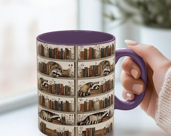 Literary Gift, Raccoon on Bookshelf Mug, bookshelf art, book lover decor  cozy library. vintage raccoon Mug, aesthetic Cup