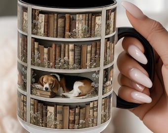 Sleeping Beagle , Beagle, Literary Gift, Gifts for Readers, Cup for Readers, Beagle owners gift, mug for readers, coffee mug, dog and books