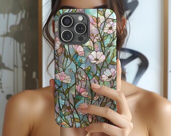 Stained Glass Floral Phone Case, Trendy Botanical Design