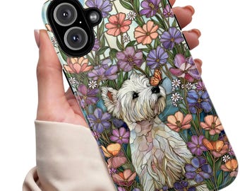 Westie dog in Floral Stained Glass Phone Case | Dog whit Butterfly, Westie dog memorial Westie birthday mama lover Westie