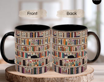 Tazza da libreria con gatto acquerello, regalo per gli amanti dei libri