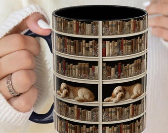 doodle Dog, Cozy Library Dog Mug Goldendoodle dog , Literary Gift, Gifts for Reader, owners gift, mug for readers, coffee mug, dog and books