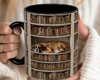Sleeping Boxer Dog , Literary Gift, Dog on Bookshelf Mug, bookshelf art, book lover decor cozy library. vintage Dog Mug, aesthetic Cup Dog