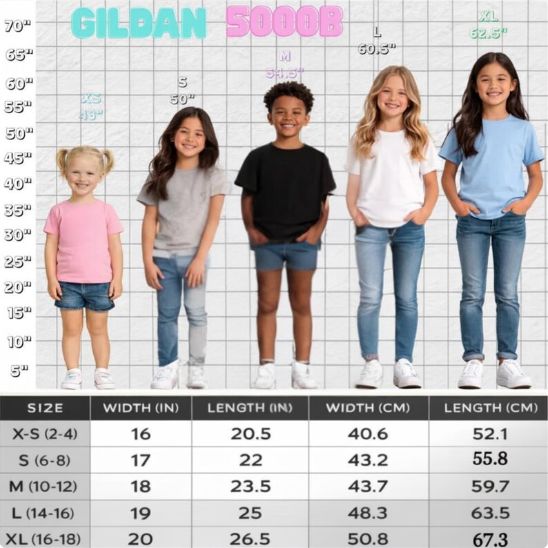 May include: A Gildan 5000B size chart featuring five children wearing t-shirts in pink, gray, black, white, and light blue. A grid background displays height measurements in inches from 5 to 70. A table below lists width and length in inches and cm.
