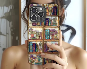 Vintage Bookshelf Floral Phone Case | Tough Case, Stained Glass Style Bookish Floral Phone Case, Book Lover Gift