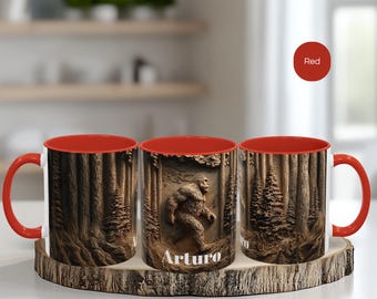 Tazza Bigfoot personalizzata, Bigfoot nel bosco, effetto legno intagliato a mano in 3D, stampa UV, foresta rustica, tazza Bigfoot, tazza divertente