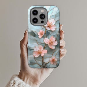 Floral Phone Case, Tough Cases with Elegant Pink Blossoms, 3D Mosaic Case, Glass Effect, Case for iPhone Samsung Galaxy Google Pixel