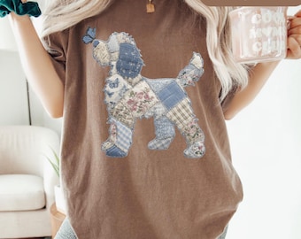 Portuguese Water Dog, Dog with Butterfly, effect Patchwork,Tee dog lover memorial, Floral Quilt Silhouette dog , Pet Shirt