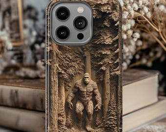 Bigfoot in the Woods 3D Hand-Carved Wood Effect UV Printed, Rustic Forest, Case for Phone 17 16  Pro Max Samsung Galaxy and Google Pixel
