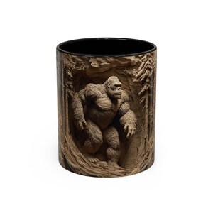Bigfoot in the Woods 3D Hand-Carved Wood Effect UV Printed, Rustic Forest, Bigfoot Mug, Funny Mug for her or him image 12