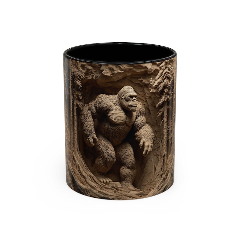 Bigfoot in the Woods 3D Hand-Carved Wood Effect UV Printed, Rustic Forest, Bigfoot Mug, Funny Mug for her or him image 12