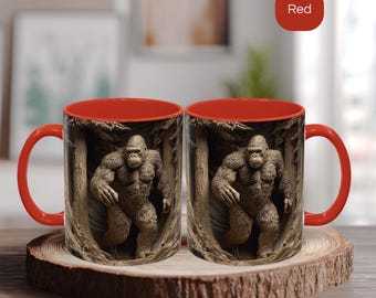 Bigfoot in the Woods 3D Hand-Carved Wood Effect UV Printed, Rustic Forest, Bigfoot Mug, Funny Mug for her or him