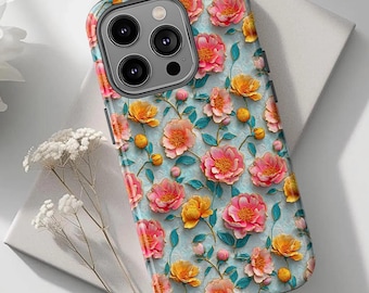 Peony Flowers, Botanical Flowers, Pink Retro Floral, phone Case for iPhone 17 16 15 14 Pro Max Samsung Galaxy S25 S24 and Google Pixel