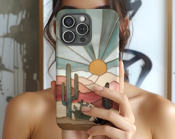 Desert Cactus Sunset phone case | landscape, stained glass