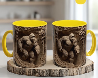 Bigfoot in the Woods, tazza con effetto legno intagliato a mano in 3D e stampa UV, foresta rustica, Bigfoot, tazza divertente per lei o per lui