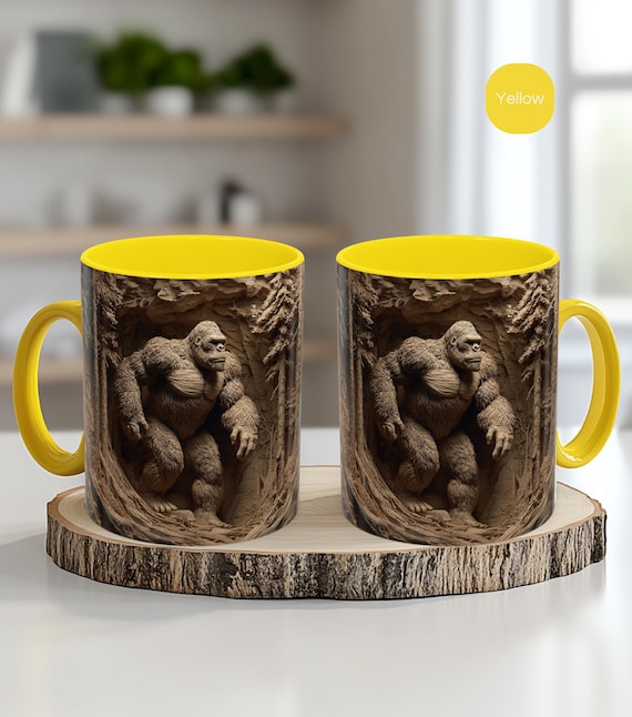 Bigfoot in the Woods 3D Hand-Carved Wood Effect UV Printed, Rustic Forest, Bigfoot Mug, Funny Mug for her or him
