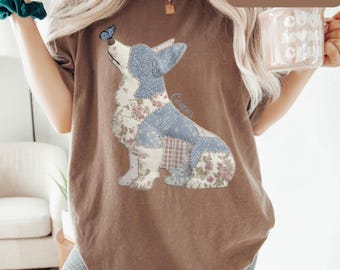 Patchwork Corgi Silhouette, Dog Corgi with Butterfly Crewneck, Patchwork Corgi custom name dog shirt Comfort Colors