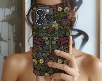 Black Floral Phone Case, Botanical Gift for Nature Lovers, Dark Cottagecore phone Case for iPhone 17 16 15 Pro Max Samsung Galaxy and Google
