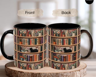 Black Cat Bookshelf-koffiemok, literair cadeau