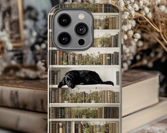 Sleeping black Cocker Spaniel dog on Bookshelf Phone Case | Library iPhone Cover, Cocker Spaniel Owner Gift