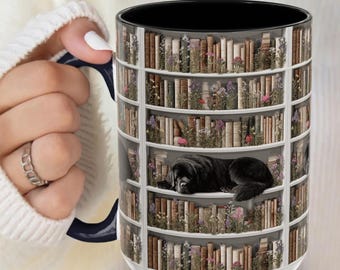 Sleeping Newfoundland Dog on Bookshelf, Library Cup, Bookshelf Mug, Plants and Books, Dog Mug Literary Gift, For readers, literature and Dog