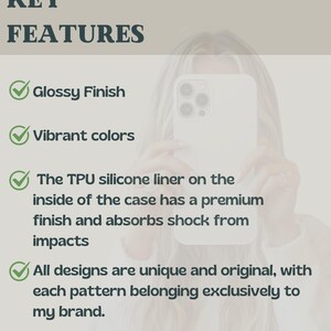 May include: Image showcasing key features of a phone case. Text highlights a glossy finish, vibrant colors, a TPU silicone liner for shock absorption, and unique designs exclusive to the brand. The phone case is white.