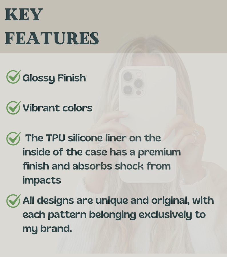 May include: Image showcasing key features of a phone case. Text highlights a glossy finish, vibrant colors, a TPU silicone liner for shock absorption, and unique designs exclusive to the brand. The phone case is white.