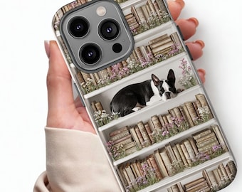 Boston Terrier Literary Gift, Dog Phone Case, books phone case, Bookcase 3D Case, Phone Case for Phone 17 16 15 14 Pro Max Samsung Galaxy