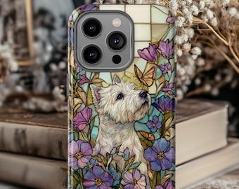Westie dog, Westie and flowers Stained Glass Floral Scene Phone Case | Dog Art Phone Case