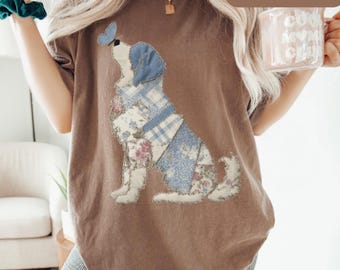 Bernhardiner Silhouette, Blumenhund mit Schmetterling, Patchwork hund |  T-Shirt-Liebhaber-Denkmal, Blumenquilt-Silhouette St. Bernhard