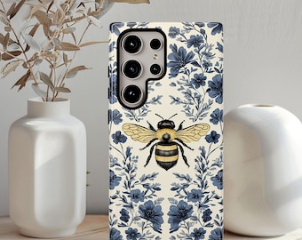 Blue Floral Bee Phone Case, Botanical Phone Cover, aesthetic Toile phone case Bee, Case for Phone 17 16 15 Pro Max Samsung and Google Pixel