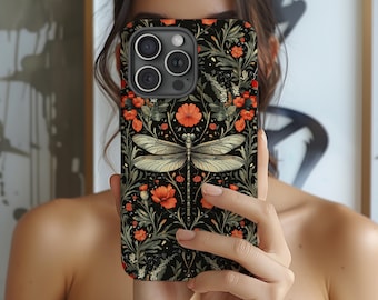 Botanical Dragonfly Phone Case, Phone Case Insect , Dark Phone case for iPhone 17 16 15 14 13 12 Pro Max Samsung Galaxy S25 S24 and Google