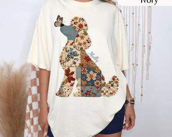 Patchwork Poodle Silhouette, Dog Poodle with Butterfly Crewneck, Patchwork Poodle custom name dog shirt Comfort Colors