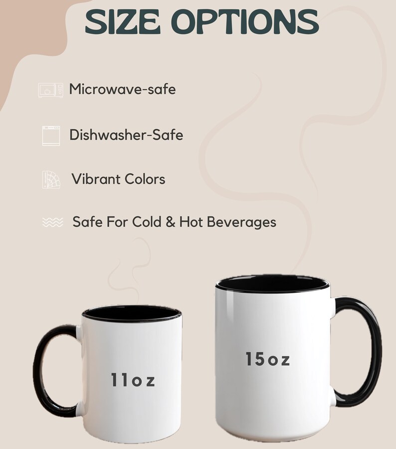 May include: Two white ceramic mugs with black interiors and handles. One mug is labeled "11oz" and the other "15oz". The image also includes text indicating the mugs are microwave and dishwasher safe, have vibrant colors, and are safe for hot and cold beverages.