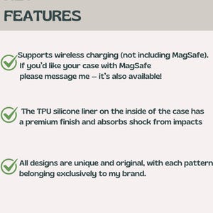 May include: Image highlighting key features of a product. Text reads "KEY FEATURES" at the top. Features include wireless charging support, a TPU silicone liner with a premium finish, and unique, original designs exclusive to the brand.