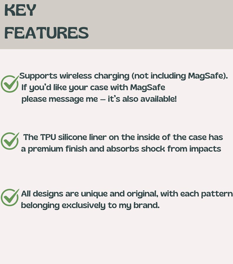 May include: Image highlighting key features of a product. Text reads "KEY FEATURES" at the top. Features include wireless charging support, a TPU silicone liner with a premium finish, and unique, original designs exclusive to the brand.