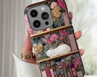 White Cat, Literary Gift, Cat Phone Case, books phone case, Bookcase 3D Case, Case for Phone 17 16 15 14 Pro Max Samsung Galaxy and Google